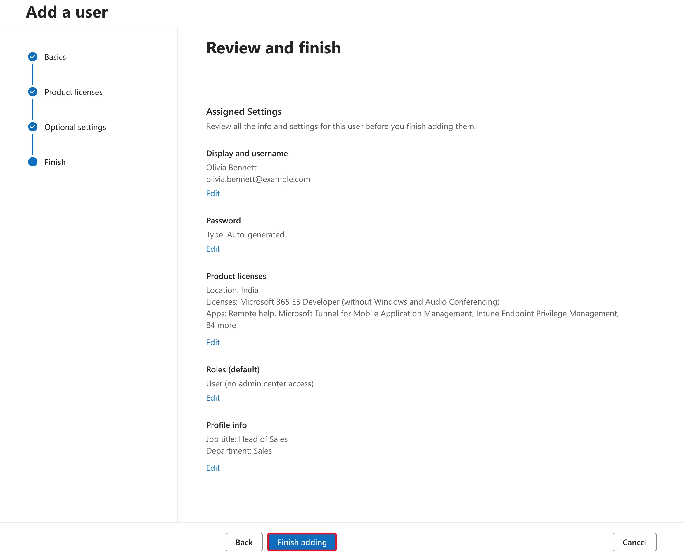 The Review and finish page showing Olivia Bennett's display name and username, Password Type Auto-generated, the Microsoft 365 E5 Developer license with location India, Roles (default) User (no admin center access), Profile info Job title Head of Sales and Department Sales, and the Finish adding button outlined in red