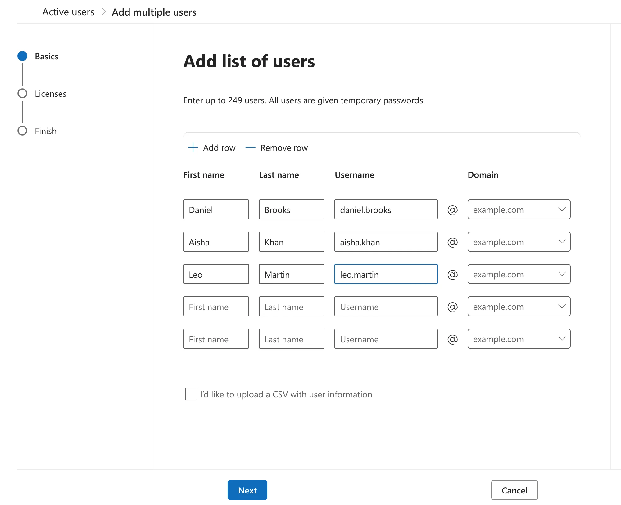 The Add list of users page of Add multiple users with three filled rows, Daniel Brooks daniel.brooks, Aisha Khan aisha.khan and Leo Martin leo.martin, each at example.com, two empty rows, and an option to upload a CSV with user information