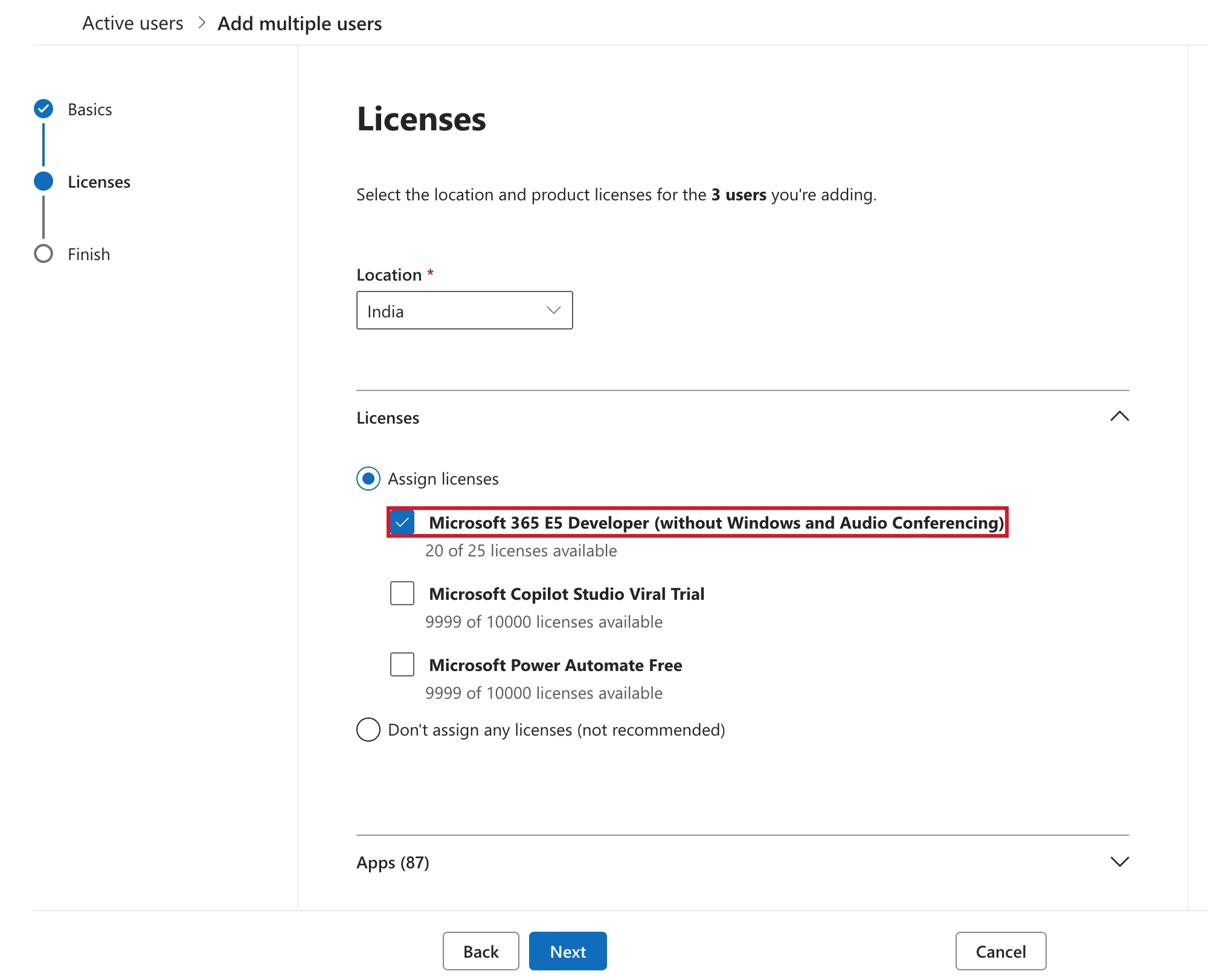 The Licenses page of Add multiple users, reading Select the location and product licenses for the 3 users you're adding, with Location India and Microsoft 365 E5 Developer (without Windows and Audio Conferencing) ticked and outlined in red, 20 of 25 licenses available