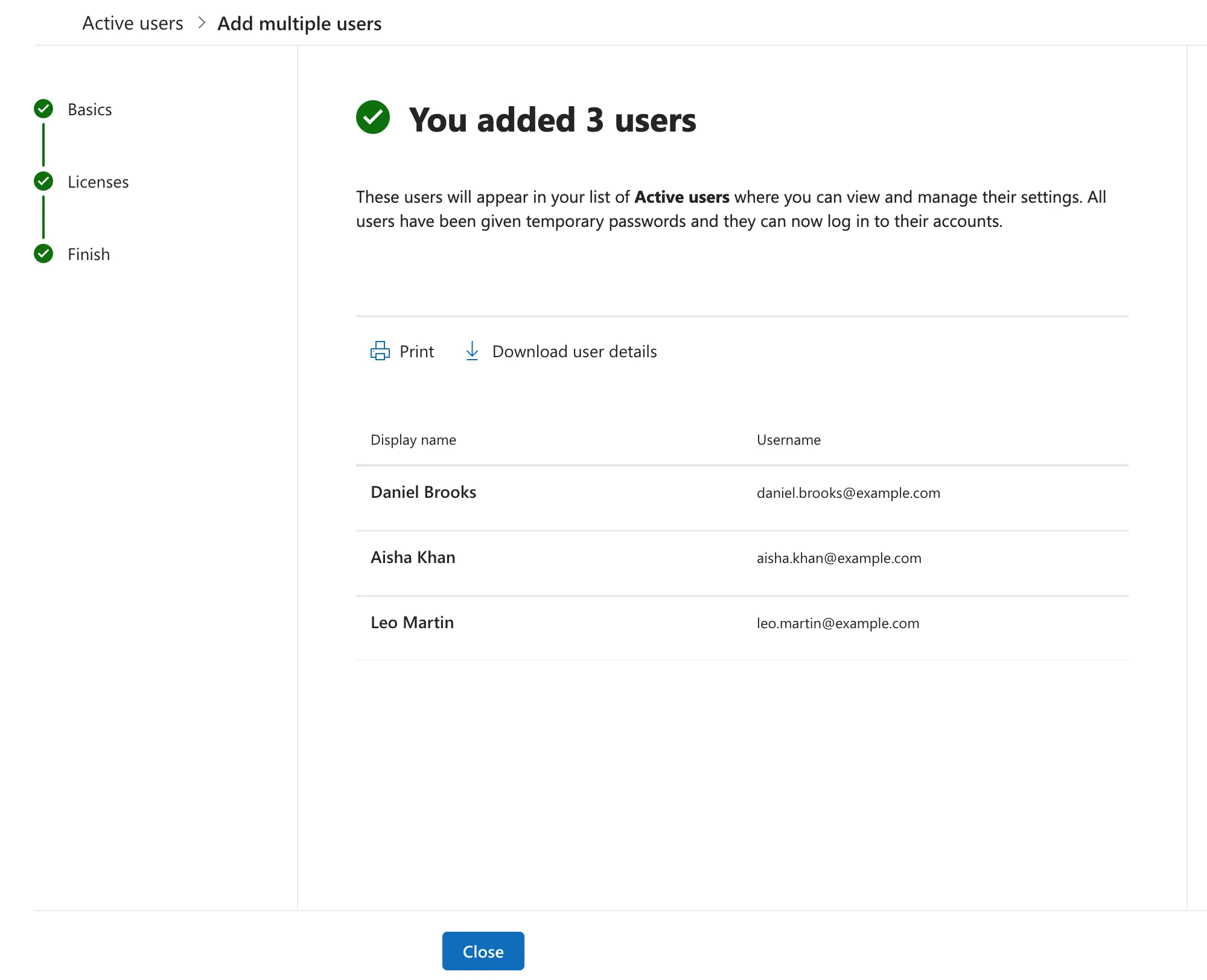 The You added 3 users page with Print and Download user details links above a table listing Daniel Brooks, Aisha Khan and Leo Martin with their example.com usernames