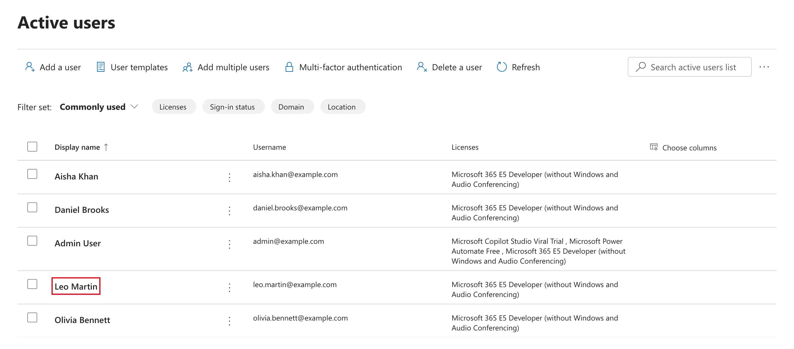 The Active users page in the Microsoft 365 admin center listing Aisha Khan, Daniel Brooks, Admin User, Leo Martin and Olivia Bennett with their example.com usernames and licenses, and Leo Martin outlined in red