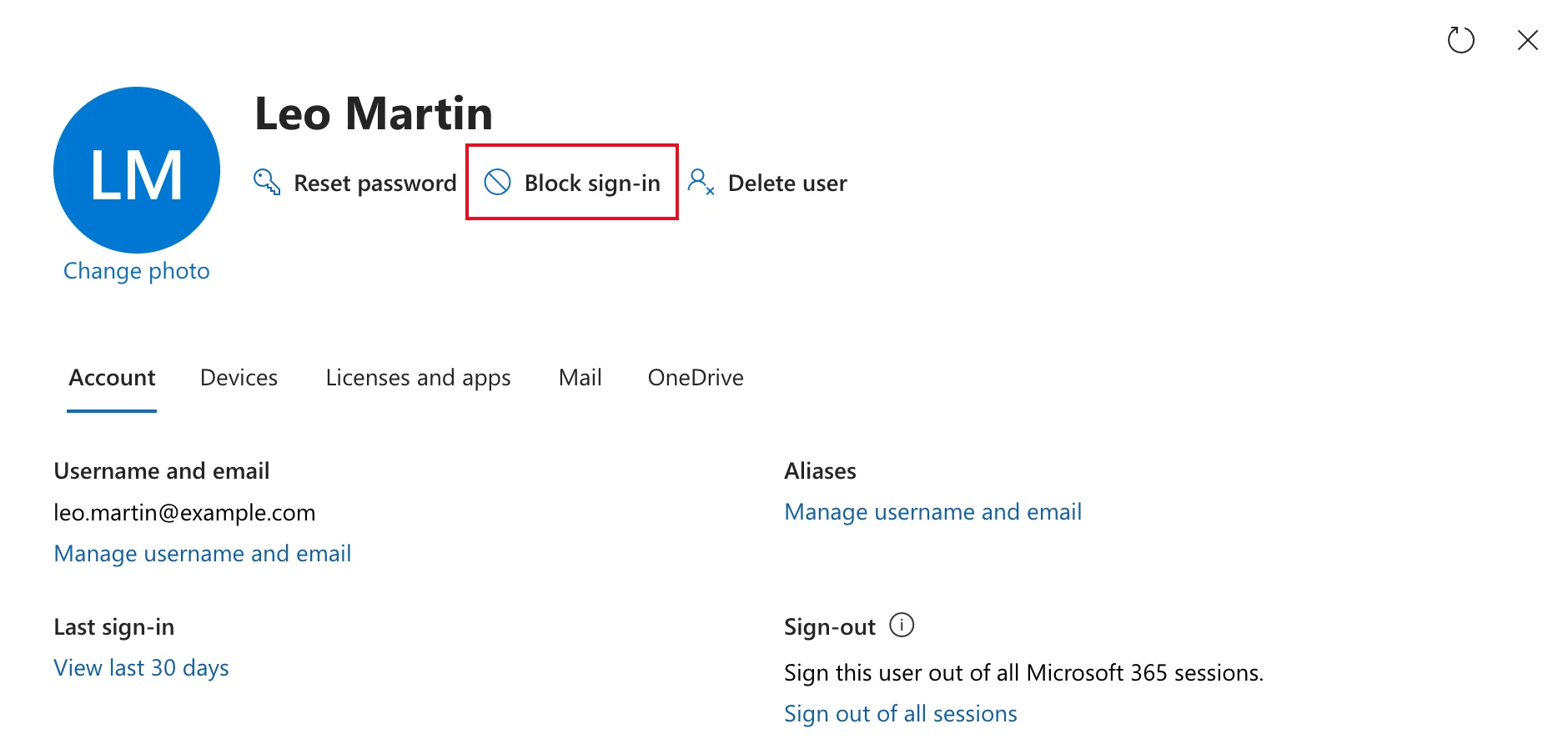 Leo Martin's details pane with Reset password, Block sign-in outlined in red, and Delete user, and the Account tab showing a Sign-out section with Sign out of all sessions