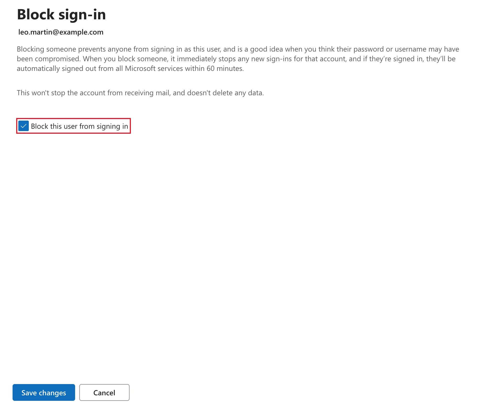The Block sign-in pane for leo.martin@example.com explaining that blocking prevents anyone from signing in as this user, with Block this user from signing in ticked and outlined in red, and the Save changes button