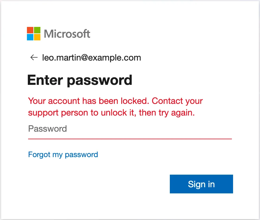 The Microsoft sign-in page for leo.martin@example.com reading Enter password, with the error Your account has been locked. Contact your support person to unlock it, then try again.