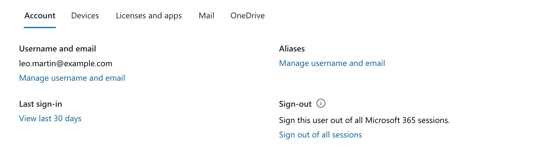 Leo Martin's Account tab before the block, with Username and email, Aliases, Last sign-in, and a Sign-out section reading Sign this user out of all Microsoft 365 sessions with a Sign out of all sessions link