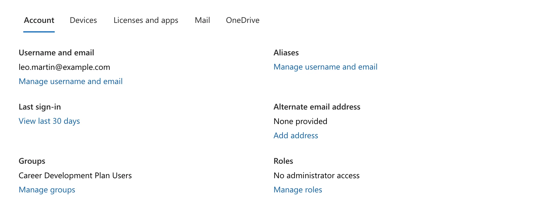 Leo Martin's Account tab after the block, with Username and email, Aliases, Last sign-in, Alternate email address, Groups and Roles, and no Sign-out section