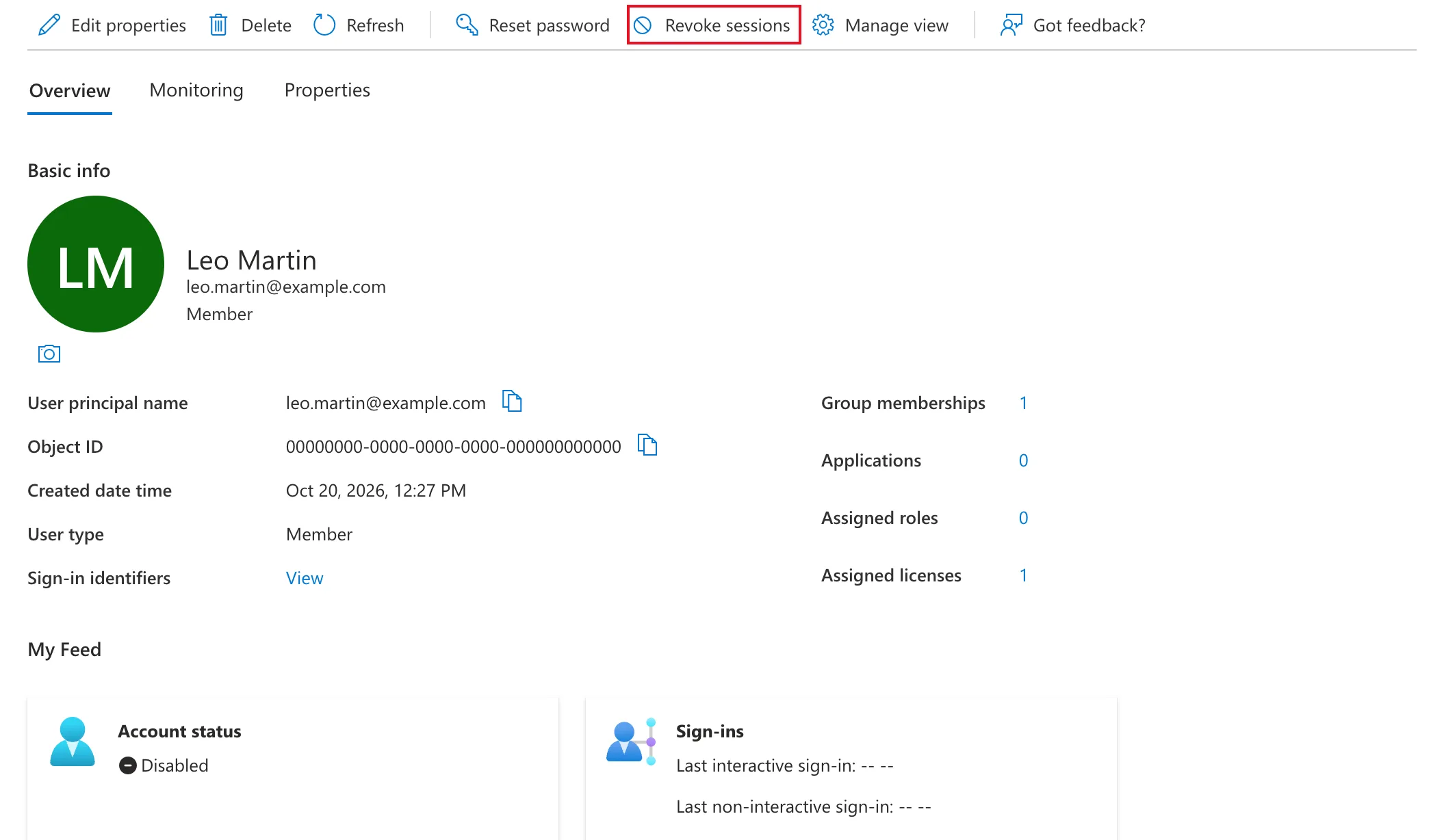 Leo Martin's Overview in the Microsoft Entra admin center with Revoke sessions outlined in red in the command bar, a masked object ID, and Account status Disabled
