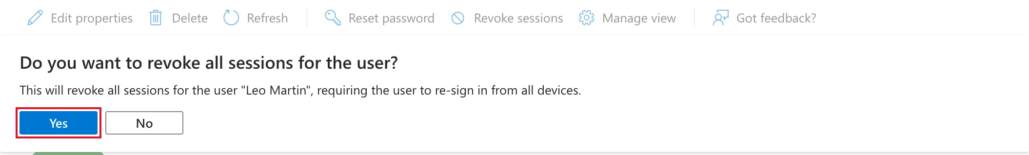 The question Do you want to revoke all sessions for the user? with the explanation for Leo Martin, and the Yes button outlined in red next to No