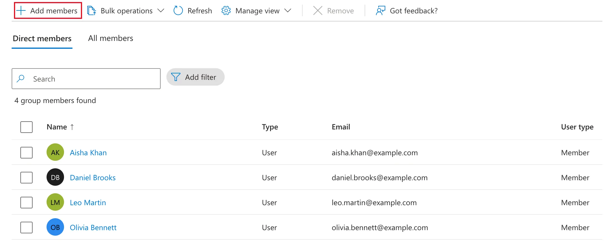 The group's Members page with Add members outlined in red in the command bar, the Direct members tab, and 4 group members found: Aisha Khan, Daniel Brooks, Leo Martin and Olivia Bennett