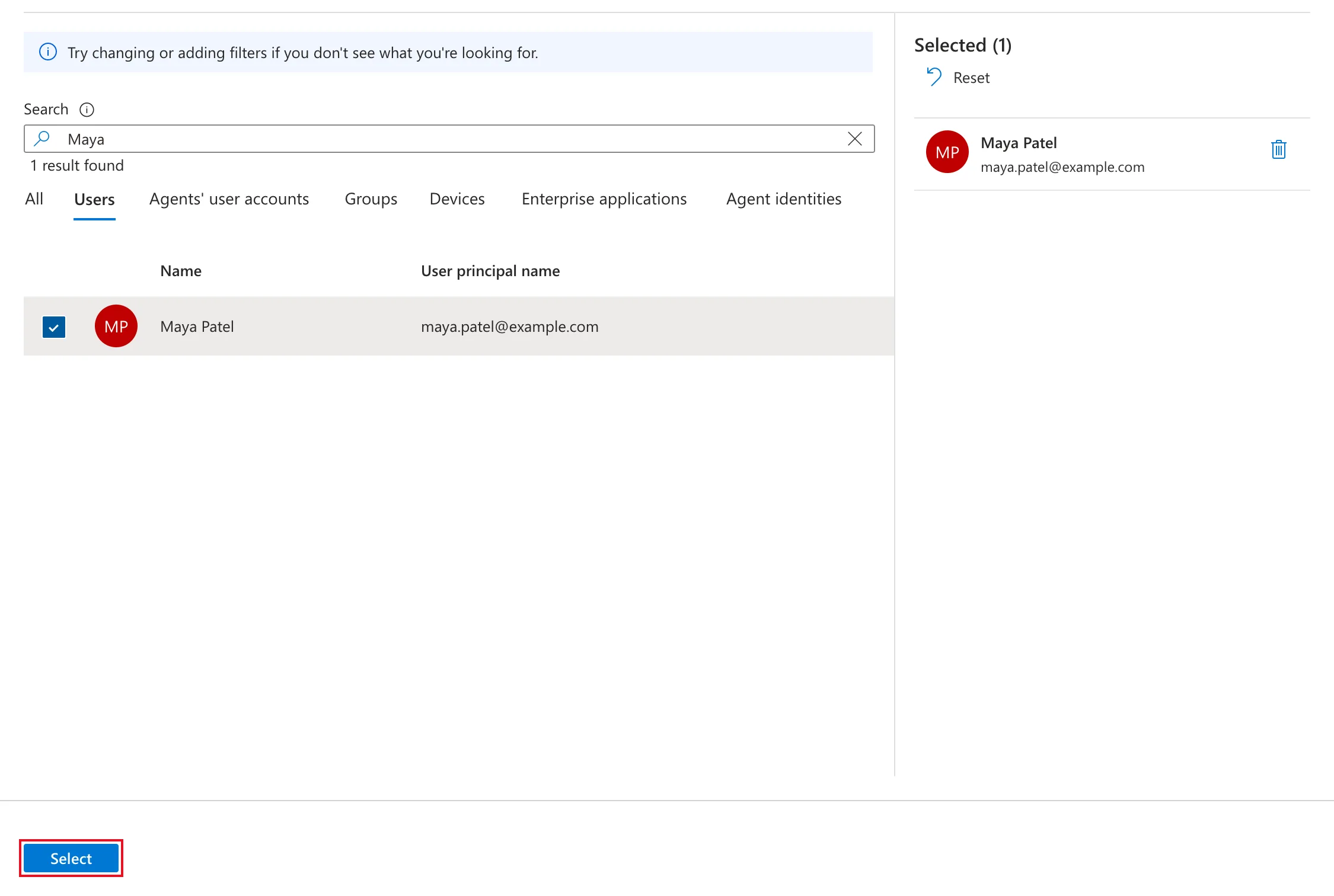 The Add members panel on its Users tab with the search Maya, 1 result found, Maya Patel ticked, Maya Patel listed under Selected (1), and the Select button outlined in red