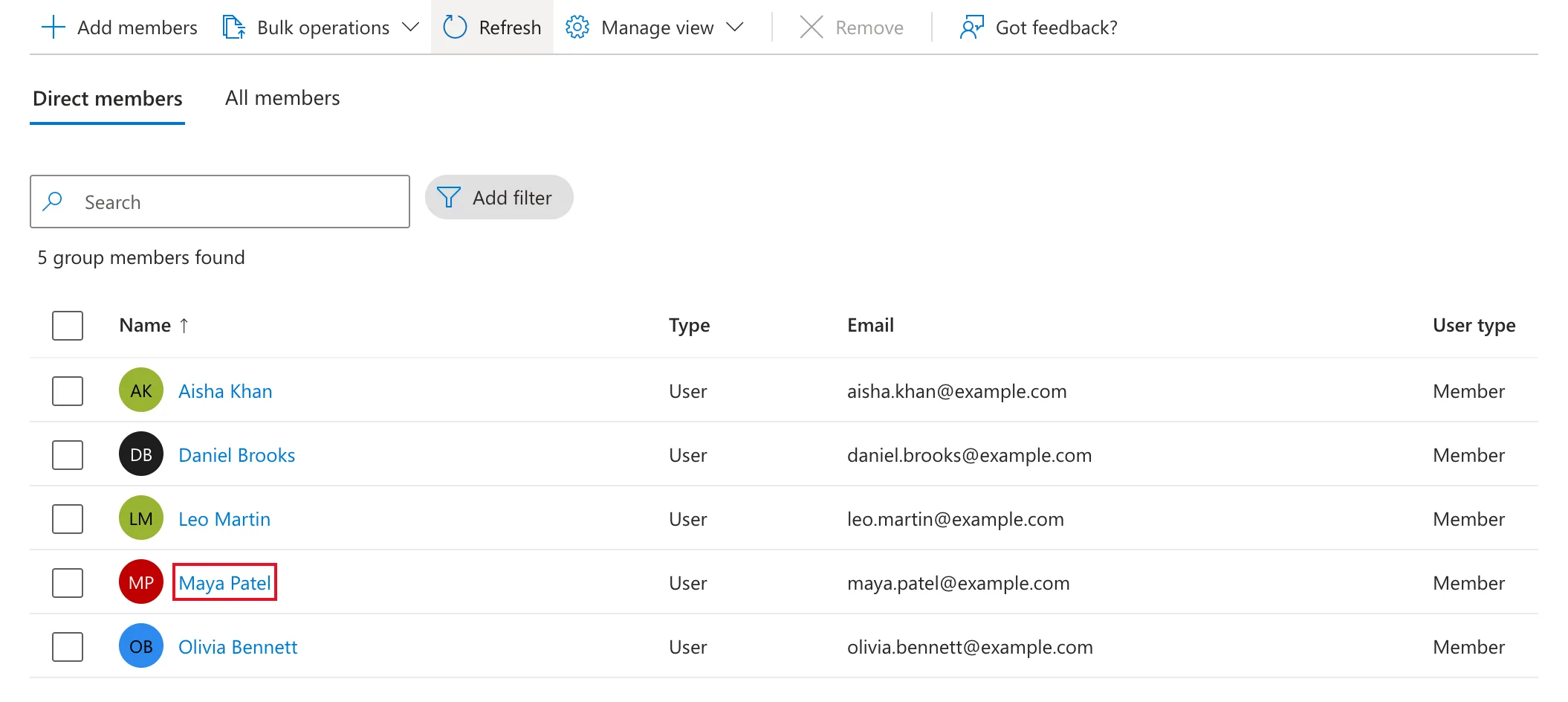 The Members page after Refresh showing 5 group members found, with Maya Patel outlined in red between Leo Martin and Olivia Bennett