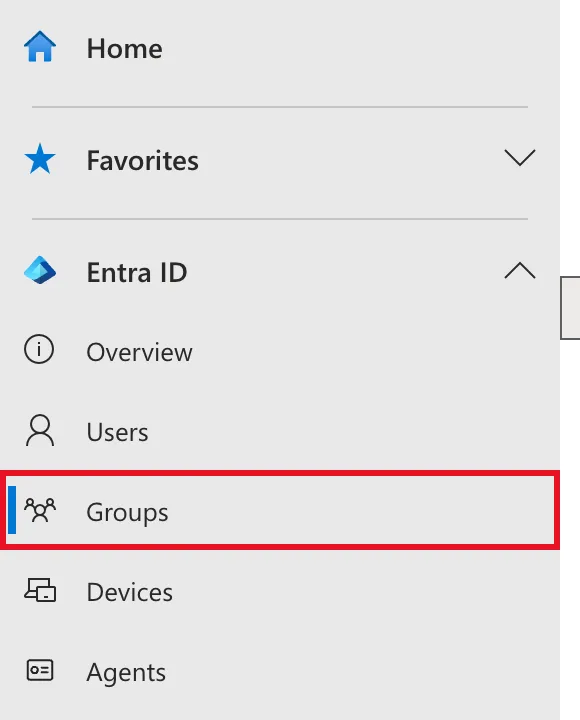 The Microsoft Entra admin center navigation with Entra ID expanded and Groups outlined in red, below Users