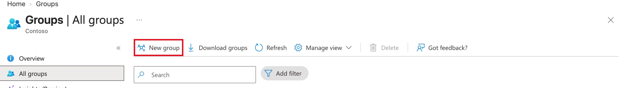The Groups All groups page in the Microsoft Entra admin center with New group outlined in red, next to Download groups, Refresh and Manage view