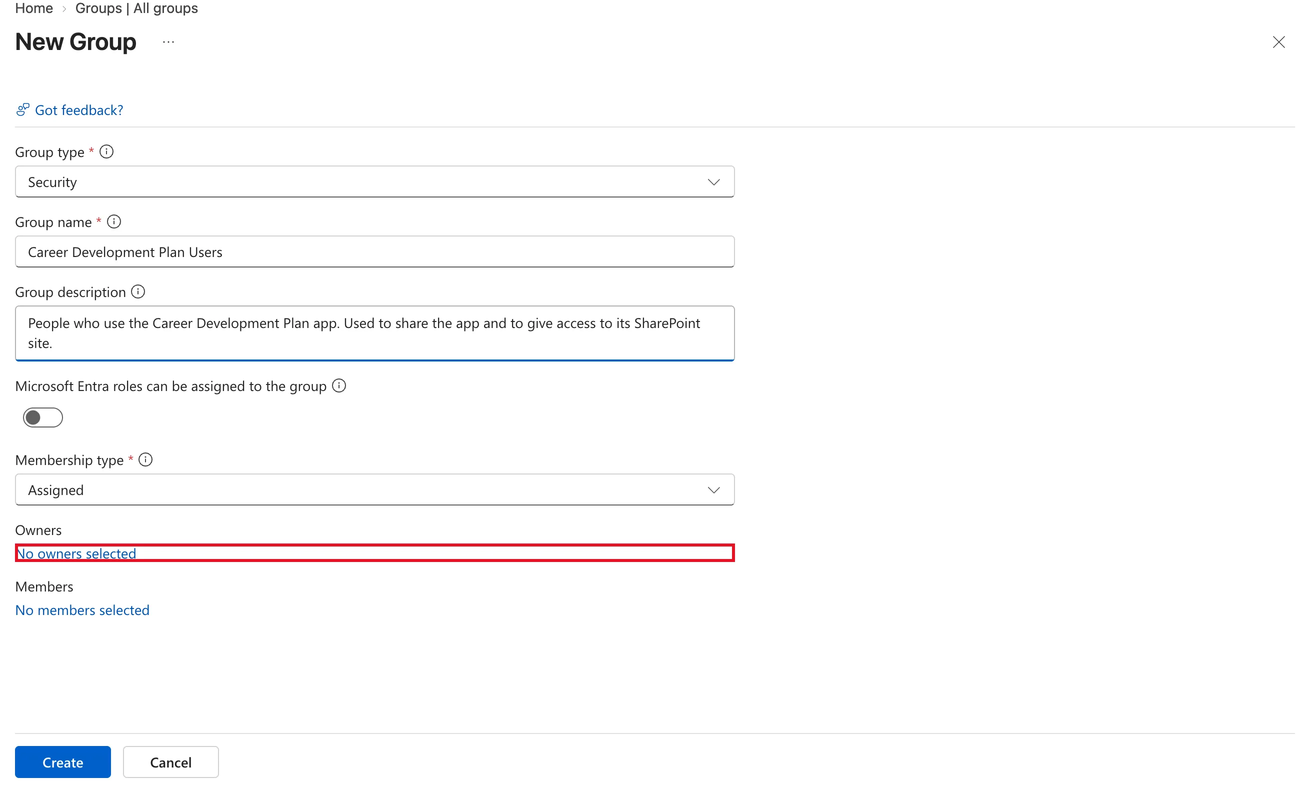 The New Group form with Group type Security, Group name Career Development Plan Users, the description filled in, the Microsoft Entra roles toggle off, Membership type Assigned, and No owners selected outlined in red