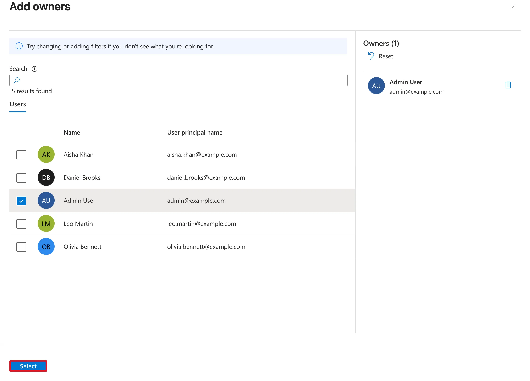 The Add owners panel listing five users with Admin User ticked, Owners (1) showing Admin User on the right, and the Select button outlined in red