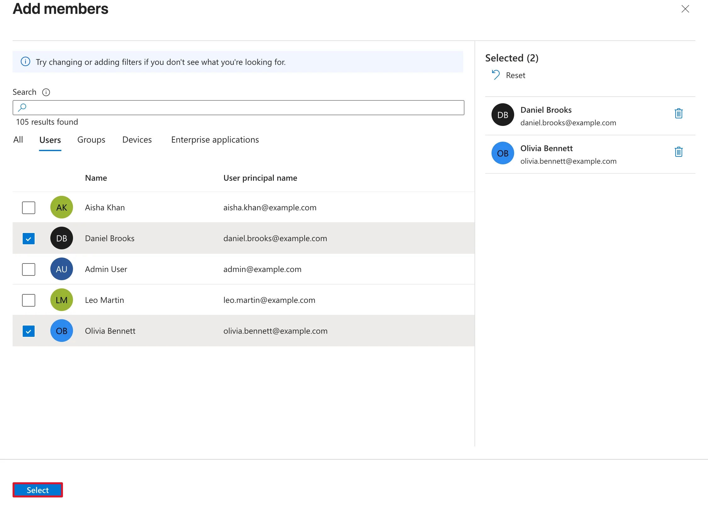 The Add members panel on its Users tab with Daniel Brooks and Olivia Bennett ticked, both listed under Selected (2), and the Select button outlined in red