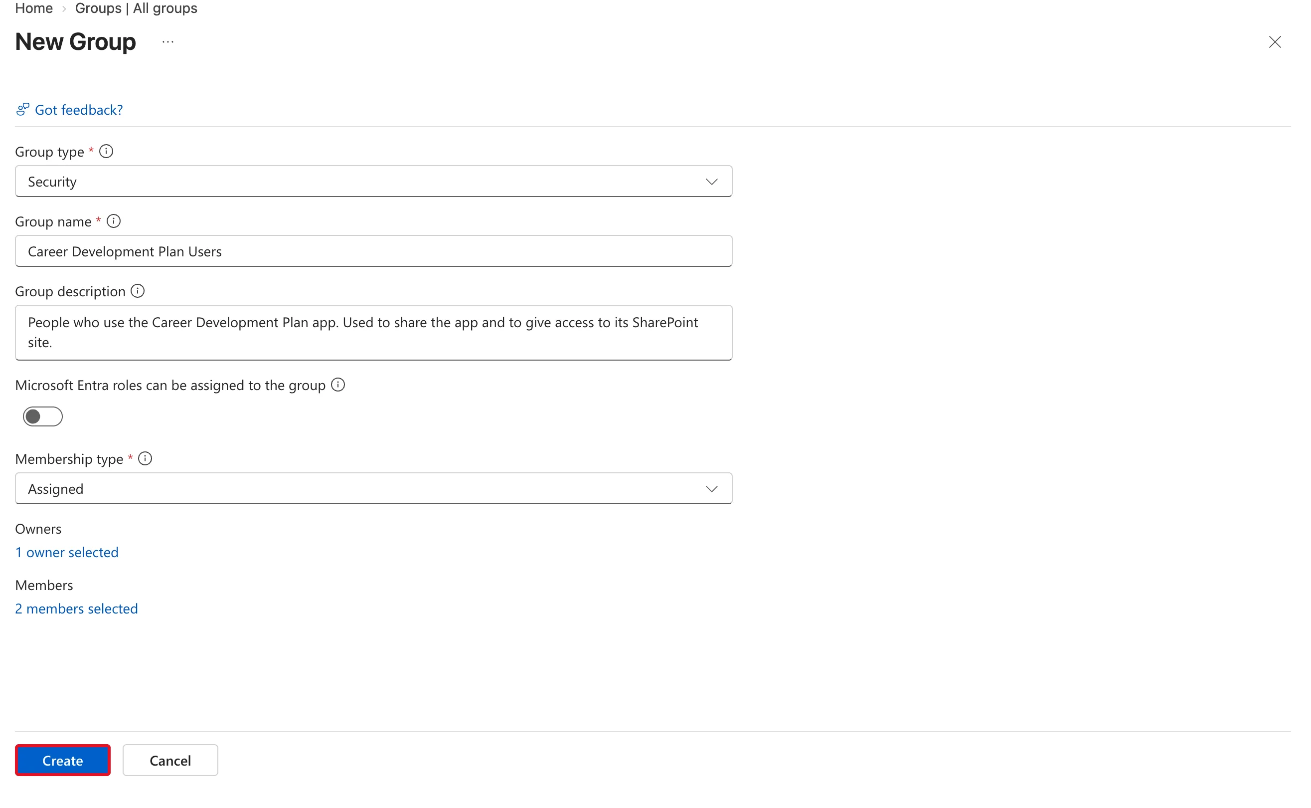The New Group form with all fields filled in, 1 owner selected, 2 members selected, and the Create button outlined in red