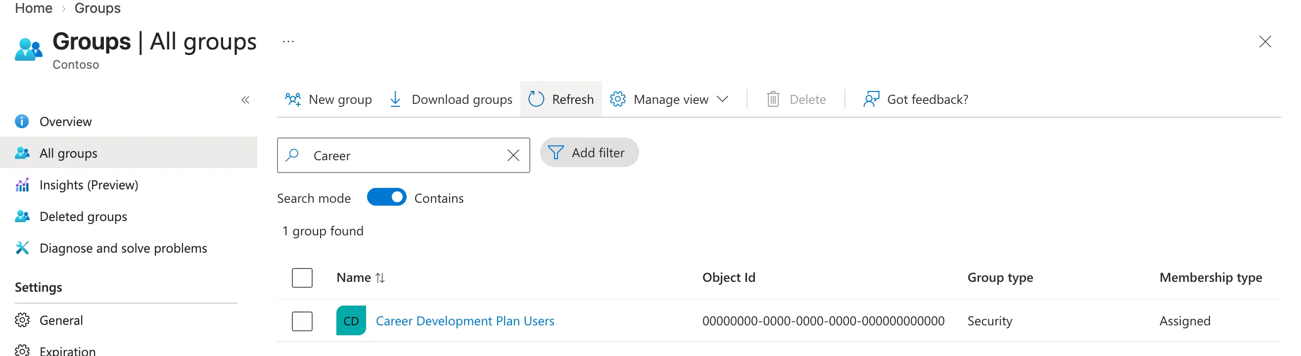 The All groups page filtered by the search term Career, showing 1 group found: Career Development Plan Users with a masked object ID, Group type Security and Membership type Assigned