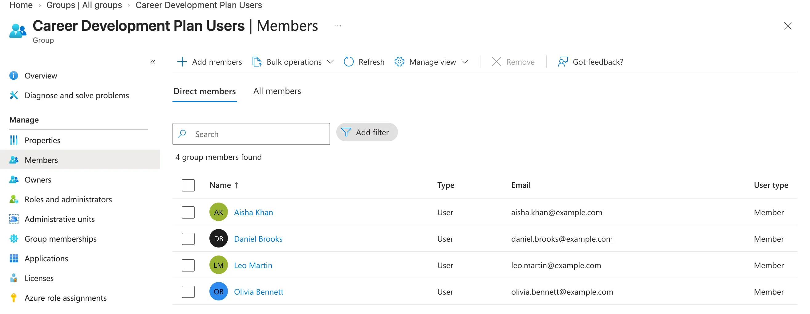 The Career Development Plan Users group's Members page on the Direct members tab, showing 4 group members found: Aisha Khan, Daniel Brooks, Leo Martin and Olivia Bennett, all of type User and user type Member