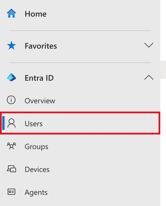 The Microsoft Entra admin center navigation with Entra ID expanded and Users outlined in red, between Overview and Groups
