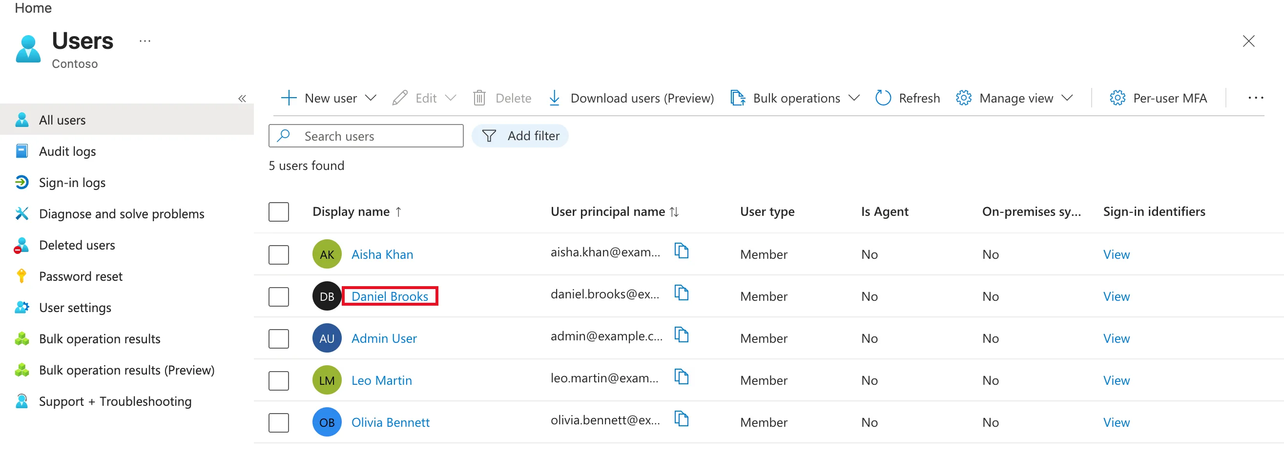 The Users page in the Microsoft Entra admin center showing five users found, with the name Daniel Brooks outlined in red