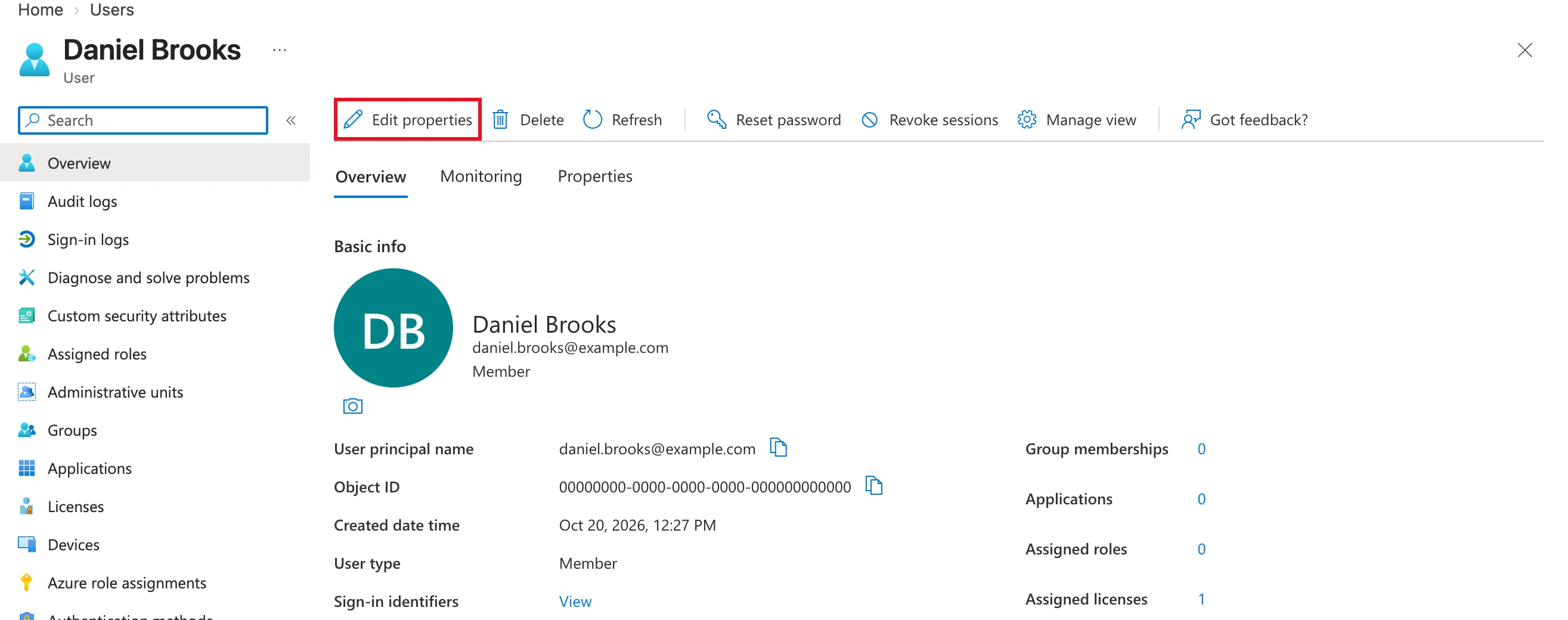 Daniel Brooks's user profile on the Overview tab, with his user principal name, a masked object ID and created date, and Edit properties outlined in red in the command bar