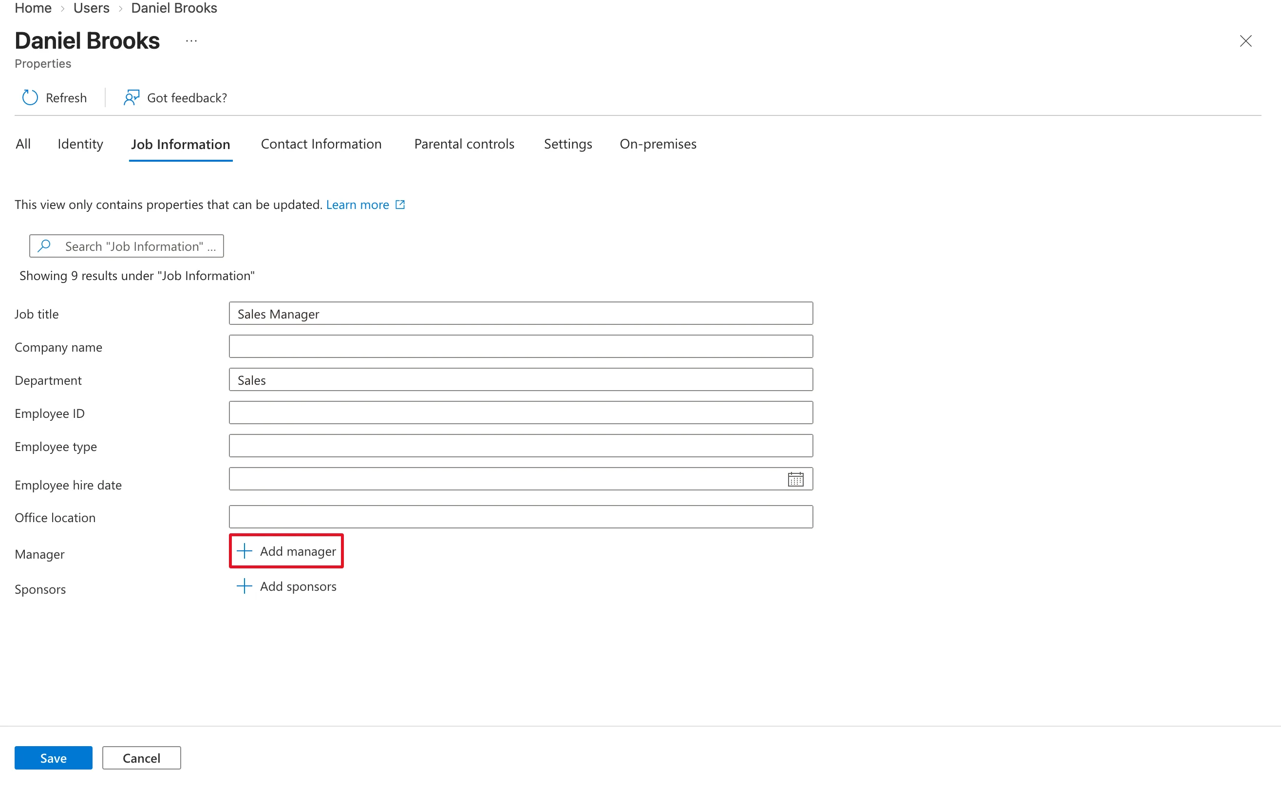 The Job Information tab of Daniel Brooks's properties with Job title Sales Manager, Department Sales, empty Company name, Employee ID, Employee type, Employee hire date and Office location, and Add manager outlined in red