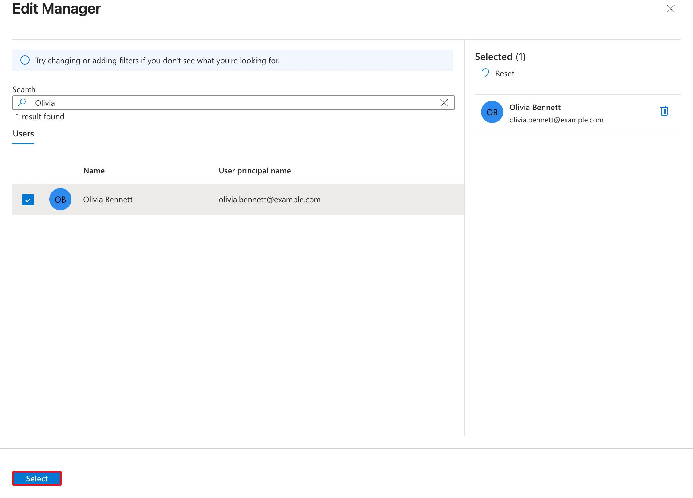 The Edit Manager panel with Olivia typed in its Search box, one result Olivia Bennett ticked, Olivia Bennett listed under Selected (1), and the Select button outlined in red