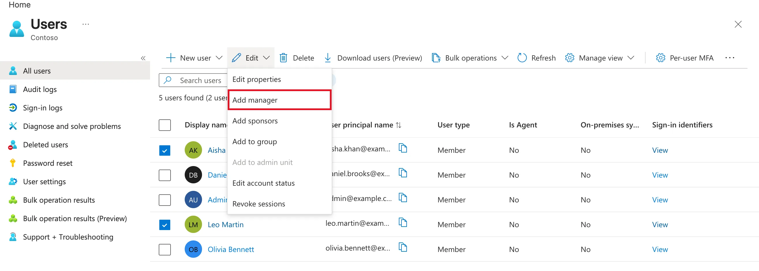 The Users page with Aisha Khan and Leo Martin ticked and the Edit menu open, listing Edit properties, Add manager outlined in red, Add sponsors, Add to group, Add to admin unit, Edit account status and Revoke sessions