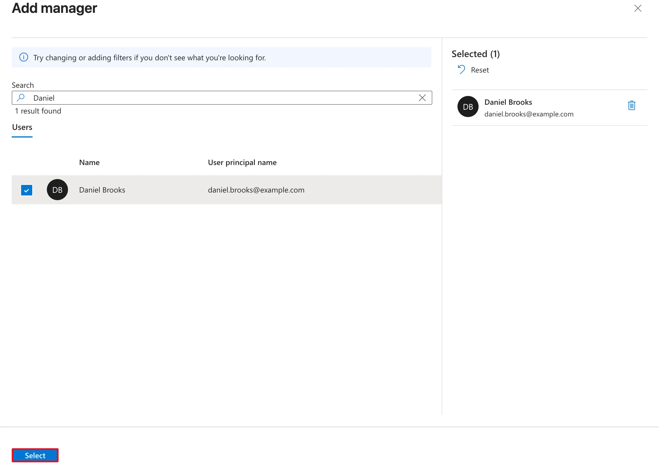 The Add manager panel with Daniel typed in the search box, Daniel Brooks ticked and shown under Selected (1), and the Select button outlined in red