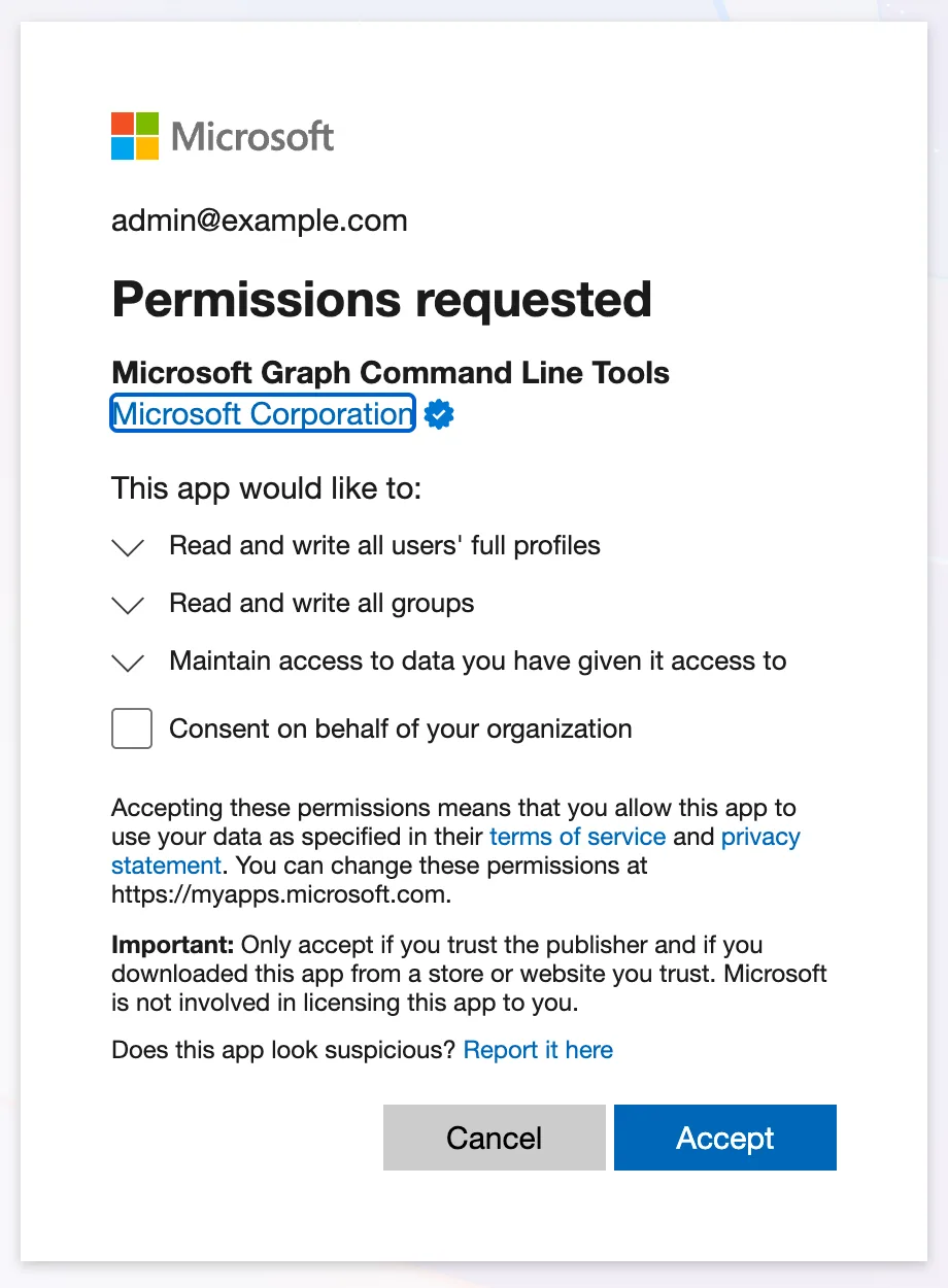 The Permissions requested screen for Microsoft Graph Command Line Tools from Microsoft Corporation, asking to read and write all users' full profiles, read and write all groups, and maintain access to data, with a Consent on behalf of your organization checkbox and Cancel and Accept buttons