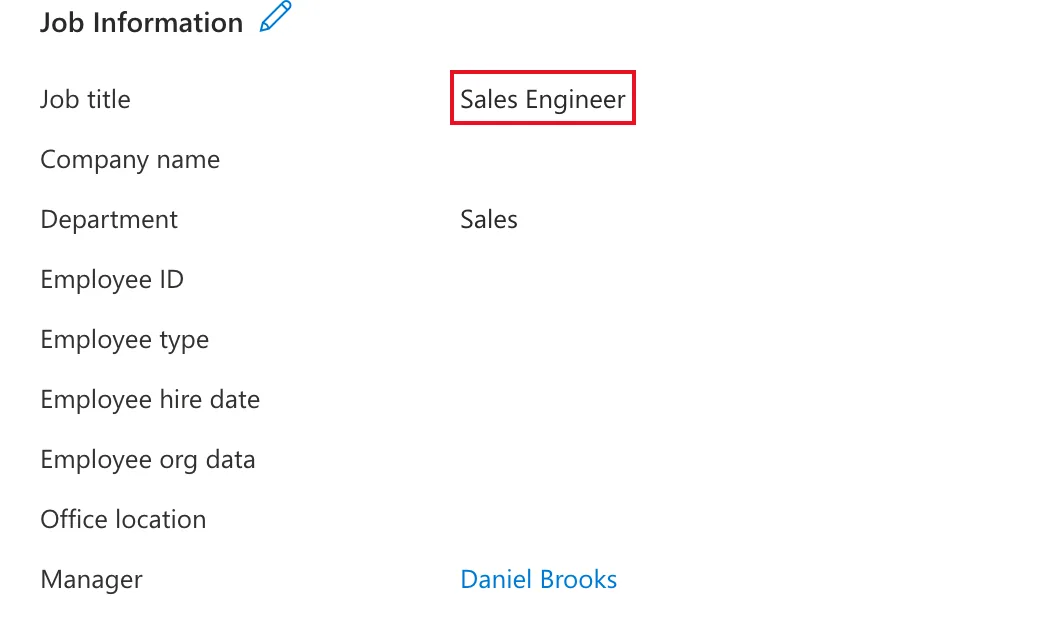 The Job Information section of Aisha Khan's Properties tab still showing Job title Sales Engineer, outlined in red, after the title was changed and saved, with Department Sales and Manager Daniel Brooks
