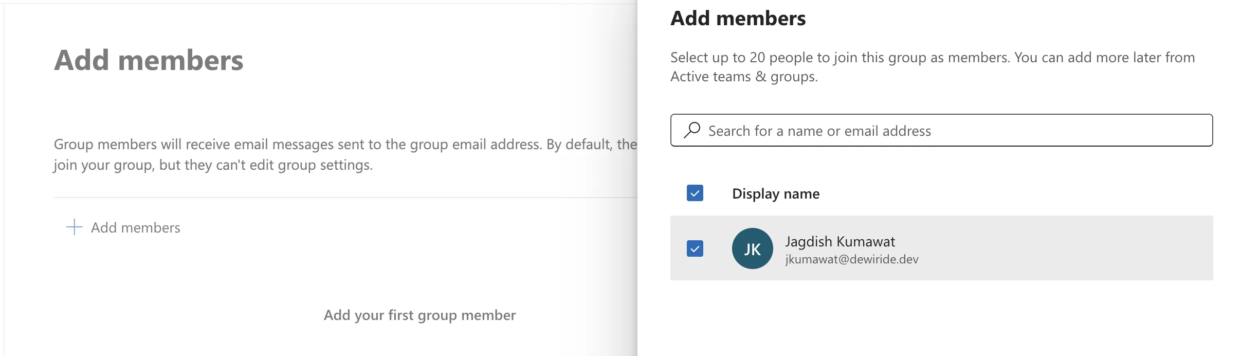 The Add members page of the wizard with the Add members pane open on the right and one user ticked as a member