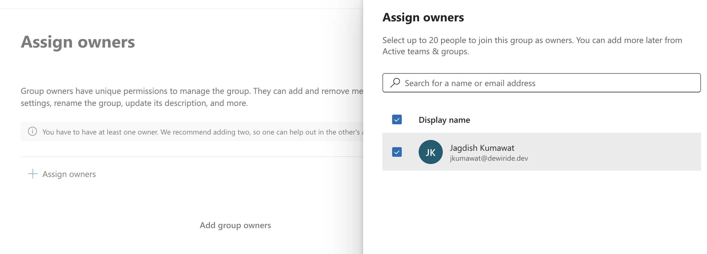 The Assign owners page of the wizard with the Assign owners pane open on the right and one user ticked as the owner