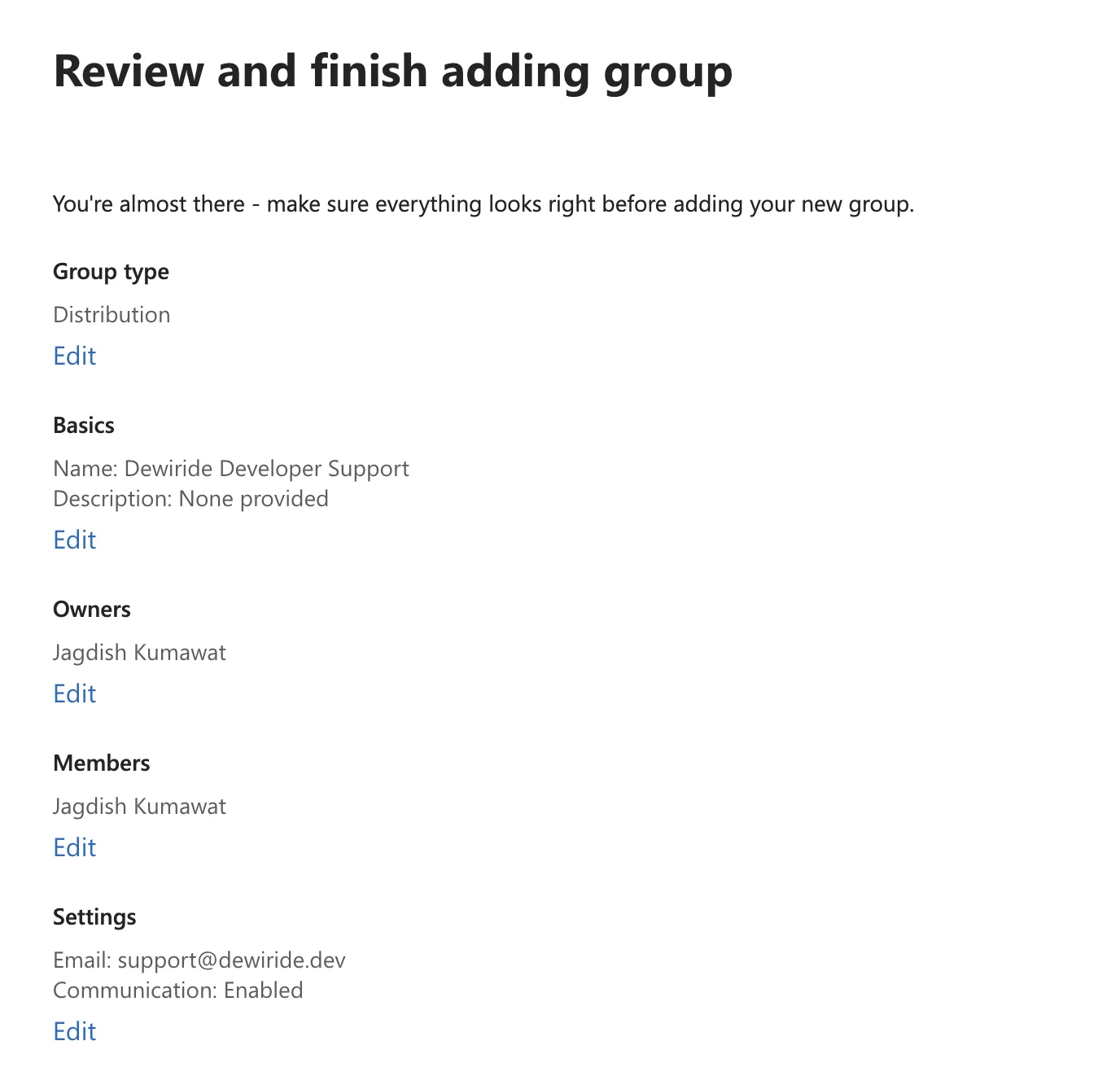 The Review and finish adding group page listing the group type Distribution, the list's name, its owner and member, its email address, and Communication set to Enabled