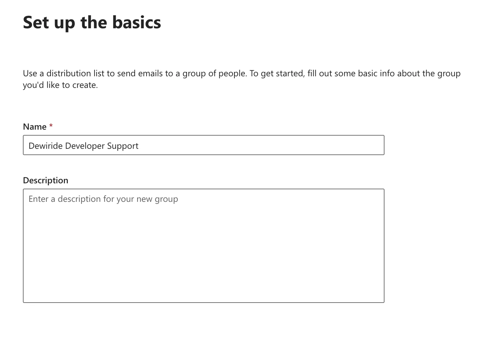 The Set up the basics page of the Add a distribution list wizard, with the list's name filled in and the optional Description box empty
