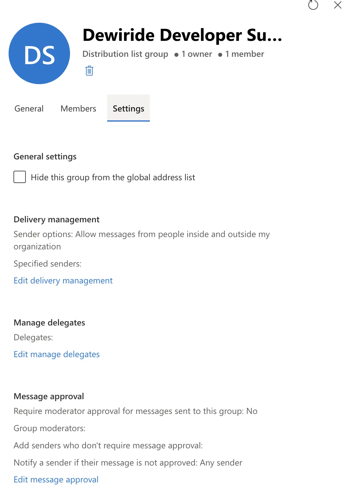 The Settings tab of the distribution list in the Exchange admin center, showing Hide this group from the global address list unticked, delivery management allowing senders inside and outside the organization, an empty Delegates list with the Edit manage delegates link, and the message approval settings