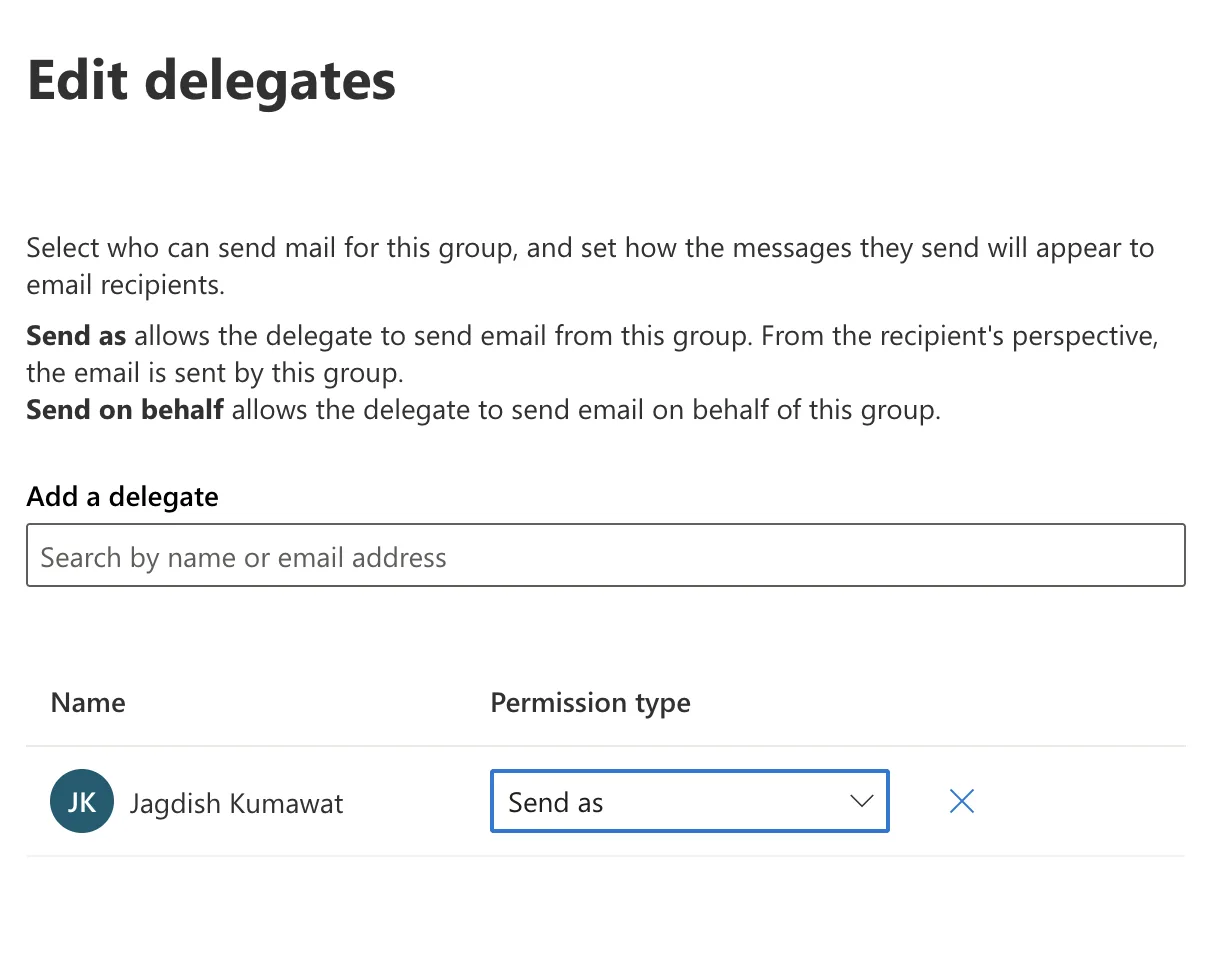 The Edit delegates panel in the Exchange admin center with one user added as a delegate and Send as selected in the Permission type drop-down
