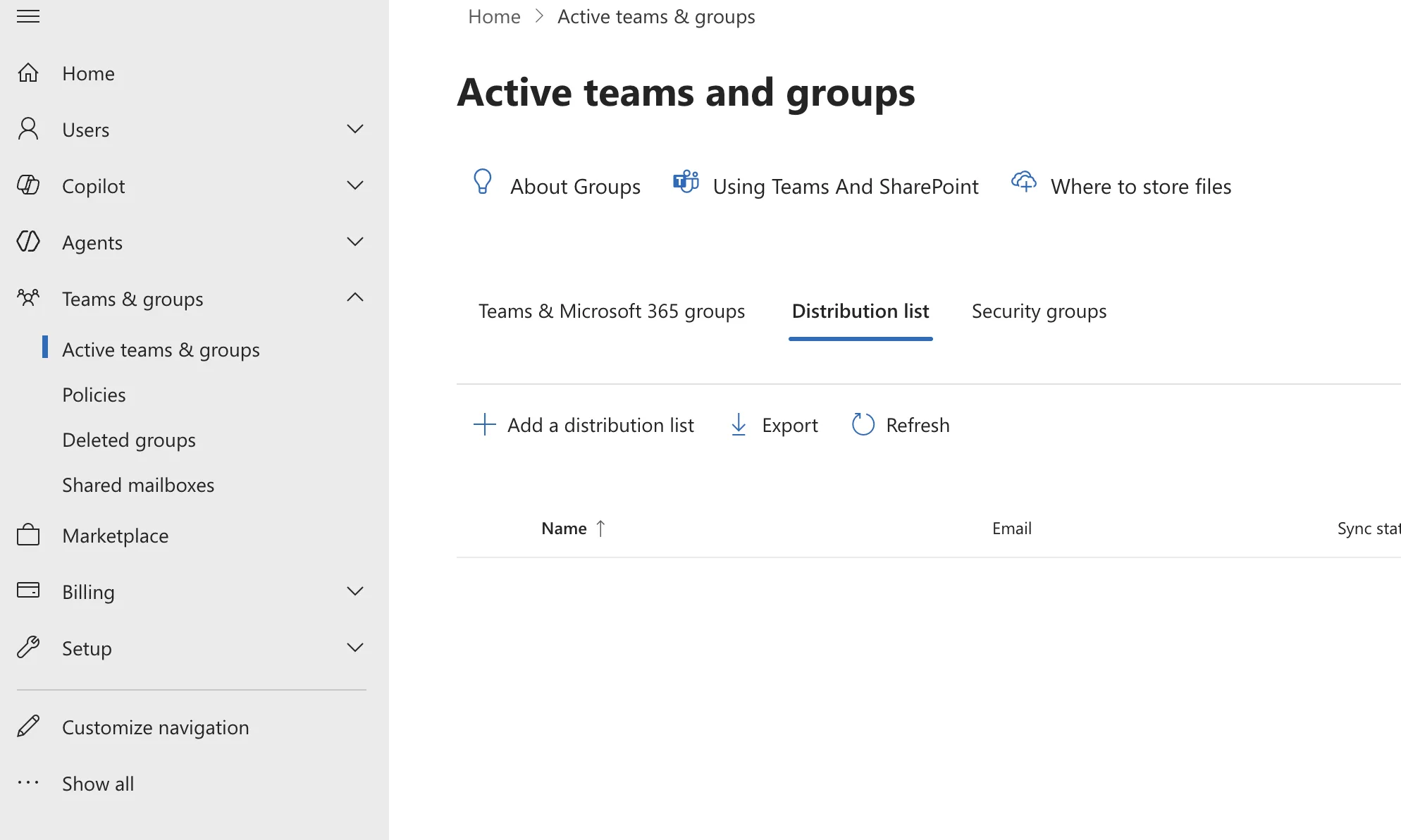The Active teams and groups page in the Microsoft 365 admin center with the Distribution list tab selected and the Add a distribution list button above the list of groups