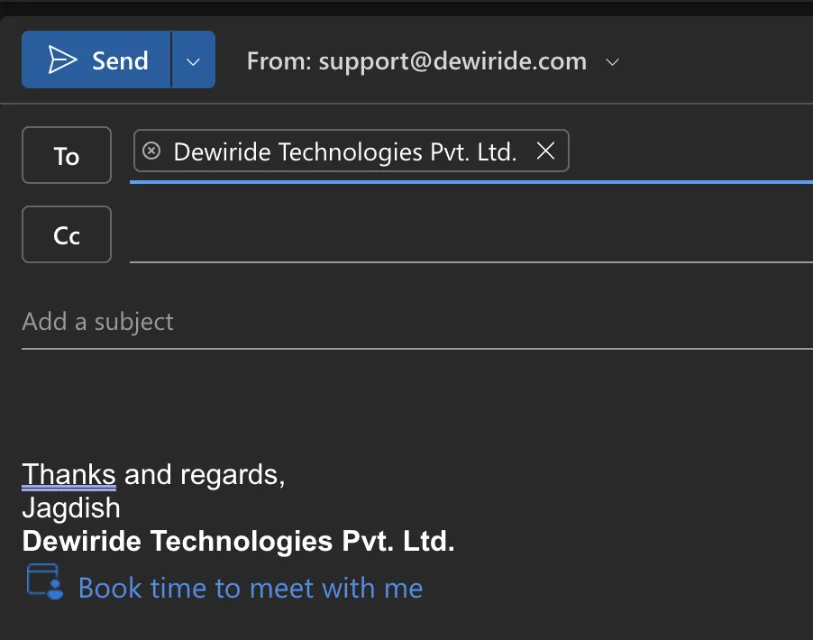 A new message in Outlook on the web with the distribution list's address in the From line, a recipient in the To line, an empty subject line, and the sender's personal signature in the body