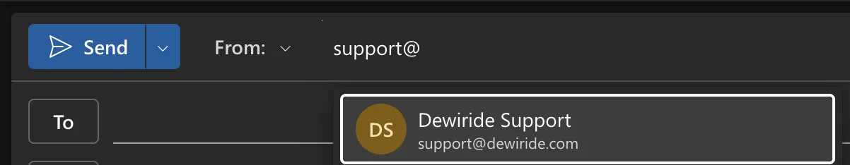 The From line of a new message in Outlook on the web with support@ typed into it, and a suggestion underneath showing the support distribution list's display name and full address