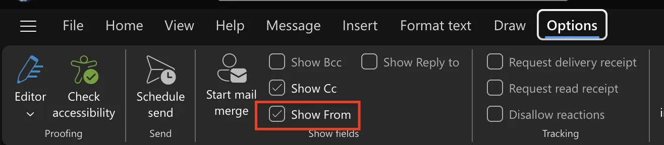 The Options tab of the Outlook on the web message ribbon, with the Show From checkbox ticked and outlined in red in the Show fields group, next to Show Bcc, Show Cc and Show Reply to