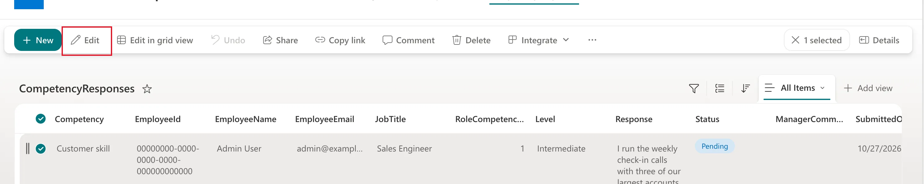 The CompetencyResponses list with its one item selected, a check mark on the row, and the command bar showing New, Edit (outlined in red), Edit in grid view, Undo, Share, Copy link, Comment, Delete, Integrate and 1 selected
