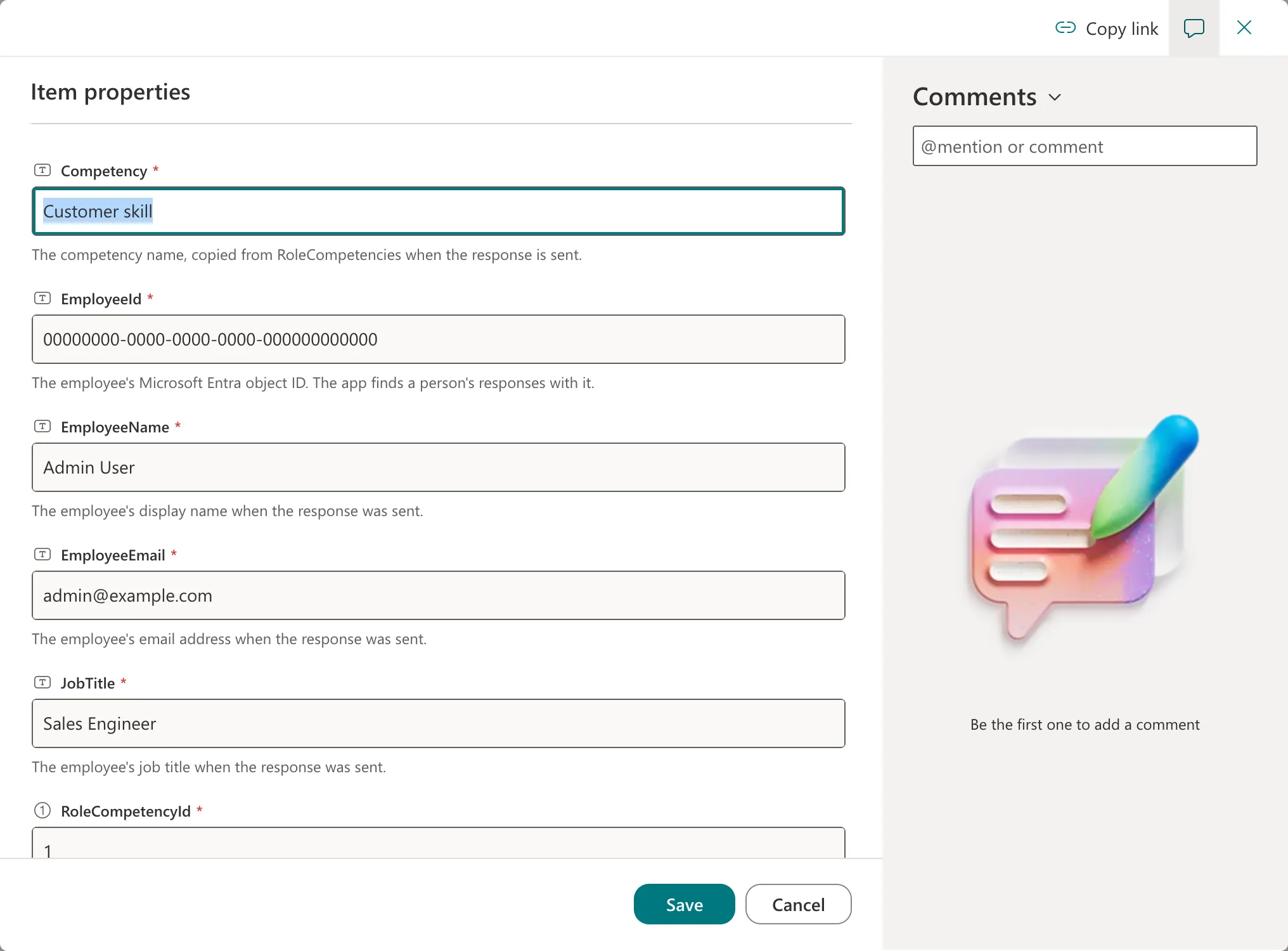 The Item properties form with the fields Competency, EmployeeId, EmployeeName, EmployeeEmail, JobTitle and RoleCompetencyId, each with its description, a Comments pane on the right, and Save and Cancel at the bottom