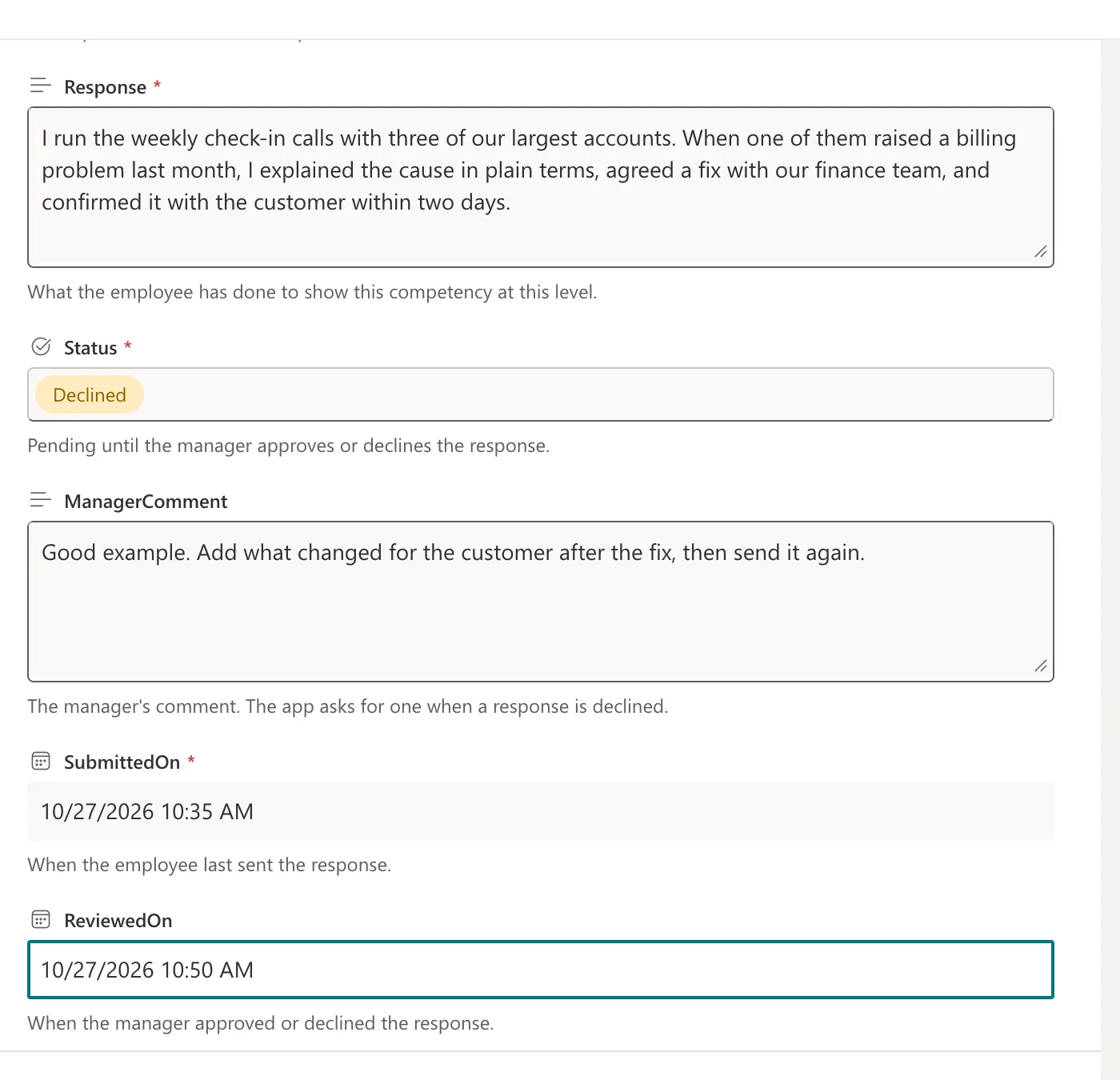 The SharePoint edit form with Status Declined, the ManagerComment Good example. Add what changed for the customer after the fix, then send it again., SubmittedOn 10/27/2026 10:35 AM and ReviewedOn 10/27/2026 10:50 AM