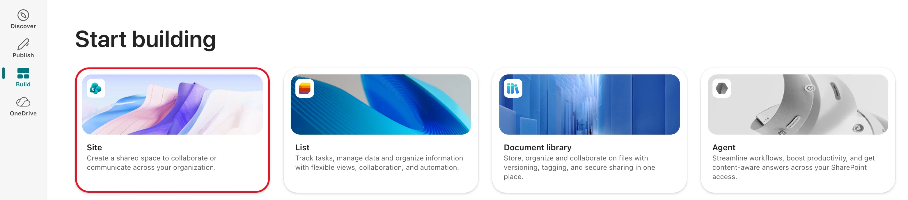 The SharePoint Build page with Build selected in the left rail and the Site card outlined in red, next to the List, Document library and Agent cards under Start building