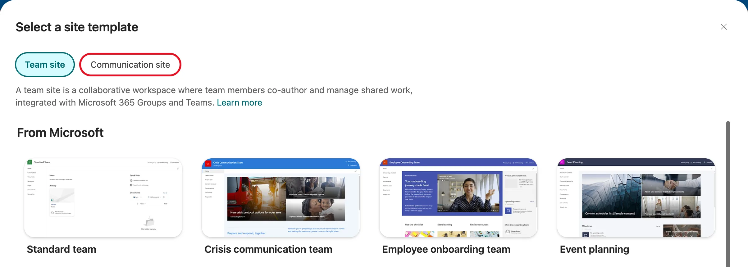 The Select a site template window with Team site selected, its team site templates listed below, and the Communication site button outlined in red