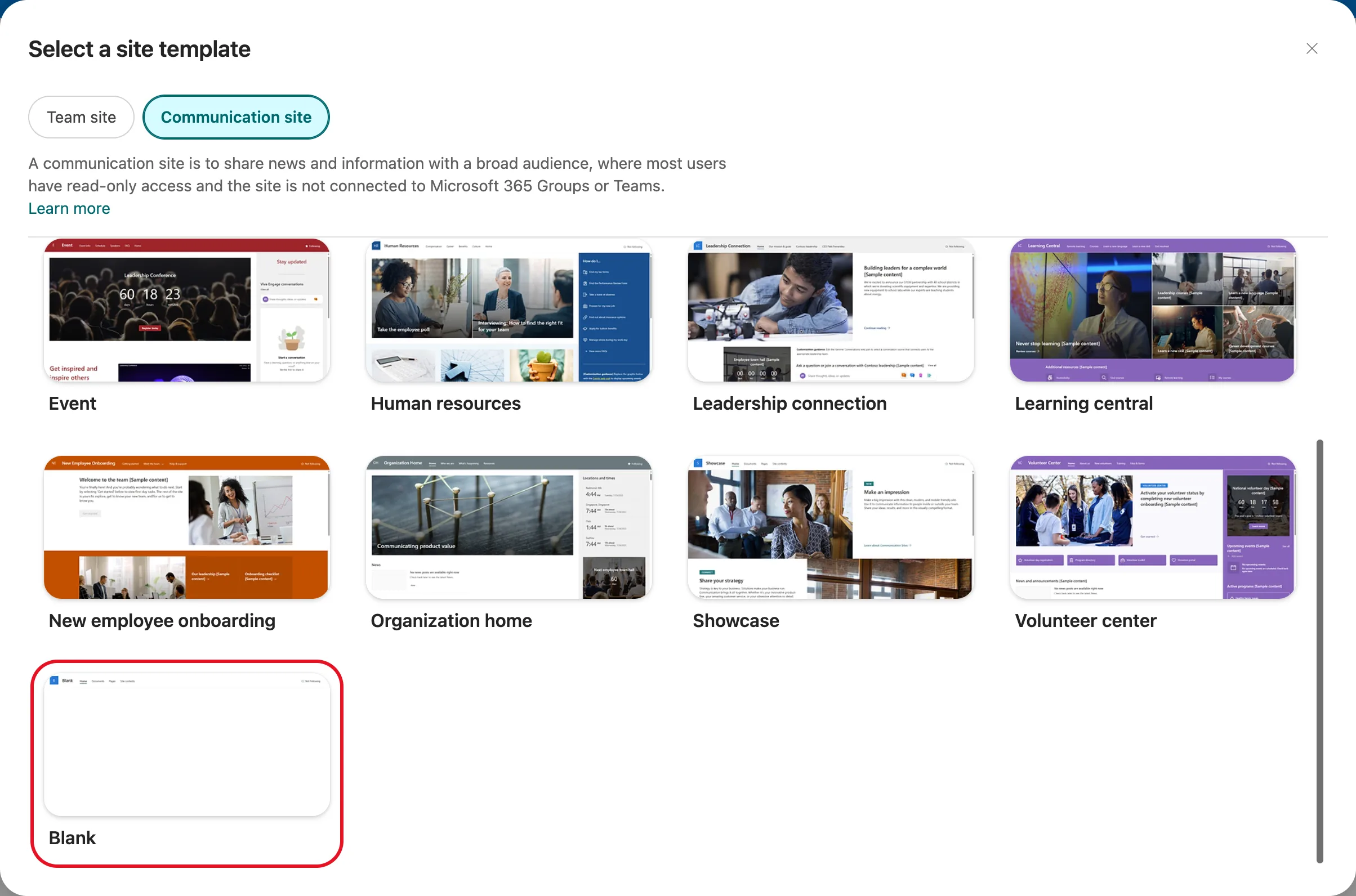 The communication site templates in the Select a site template window, scrolled to the bottom, with the Blank template outlined in red below Volunteer center
