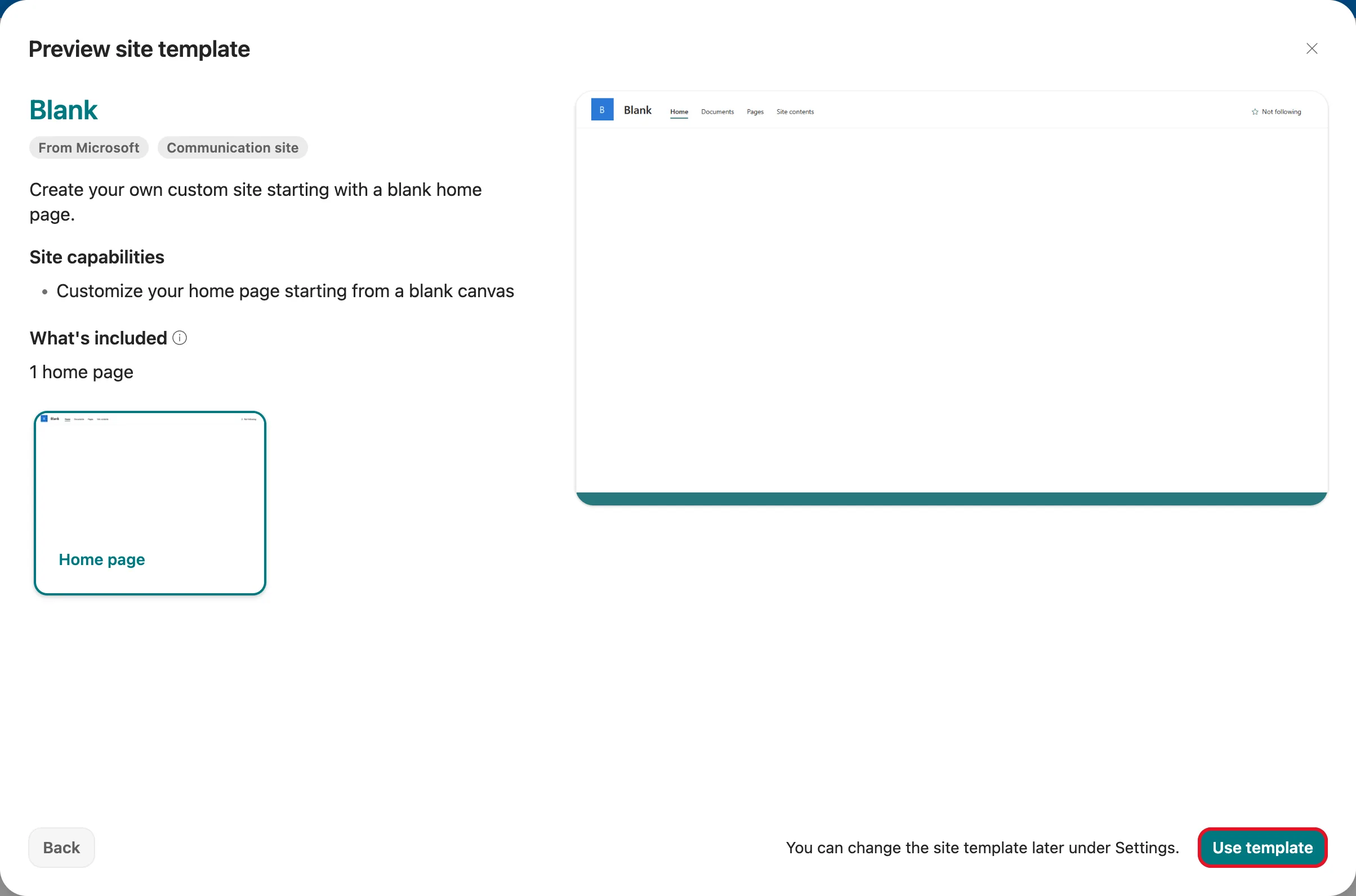 The Preview site template window for Blank, listing one home page under What's included, with the note that the template can be changed later under Settings and the Use template button outlined in red