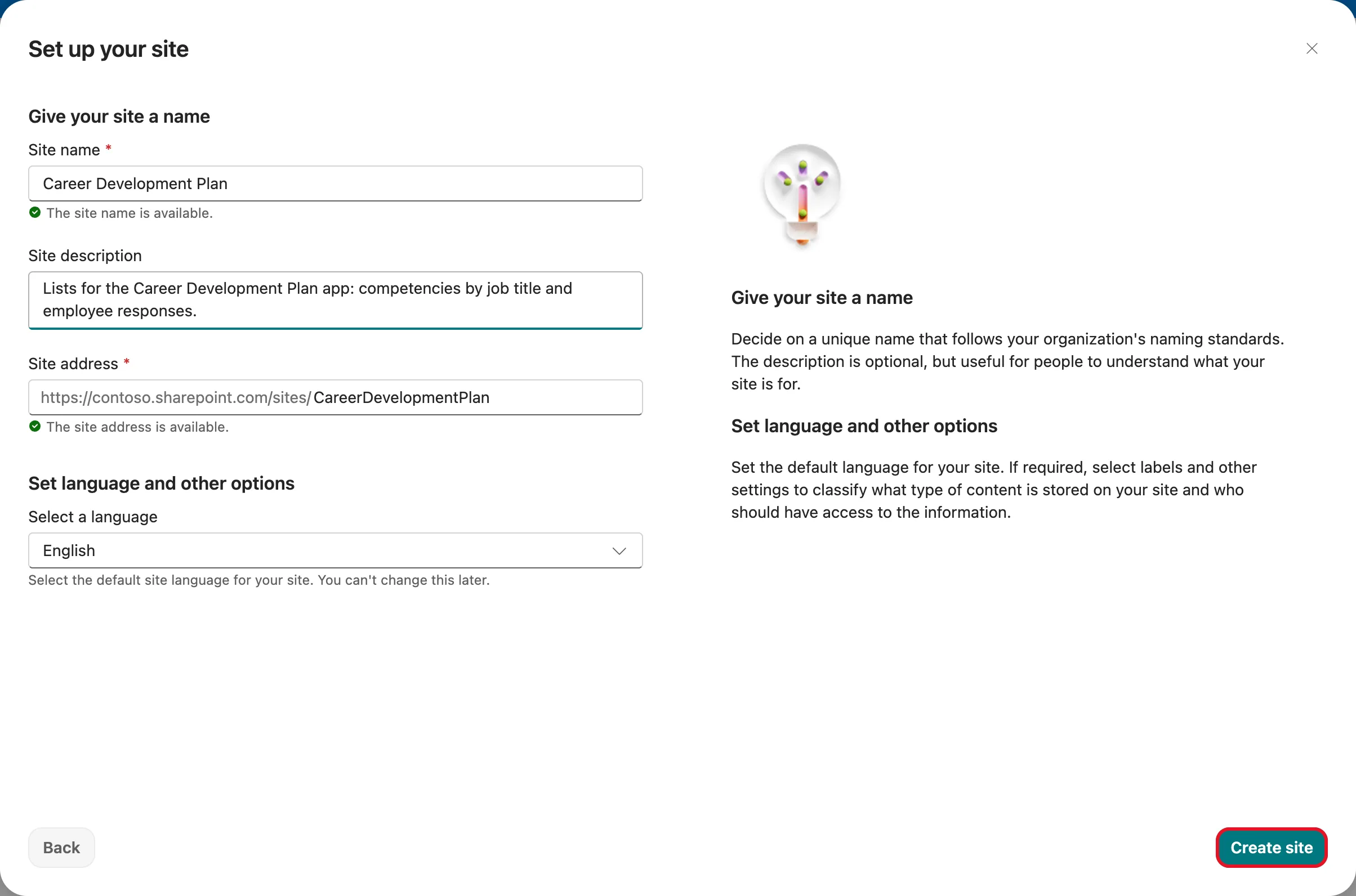 The Set up your site form with Site name Career Development Plan, the description filled in, Site address https://contoso.sharepoint.com/sites/CareerDevelopmentPlan, both marked as available, language English, and the Create site button outlined in red